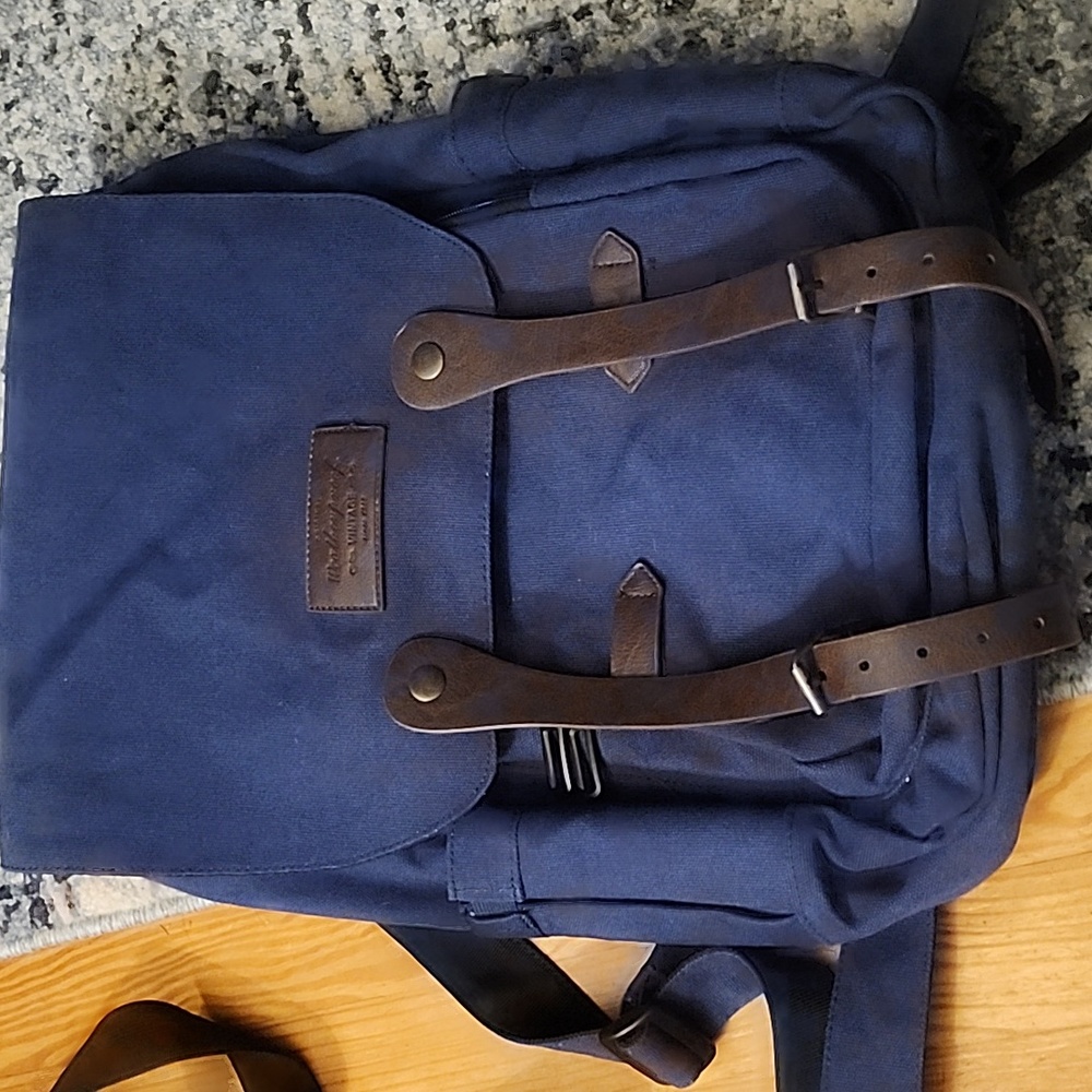 Weatherproof Brand Backpack, Navy Blue w/Leather Accents